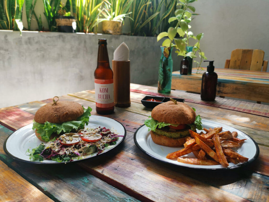 Burgers and fries at Planeta Veggie in La Paz city center