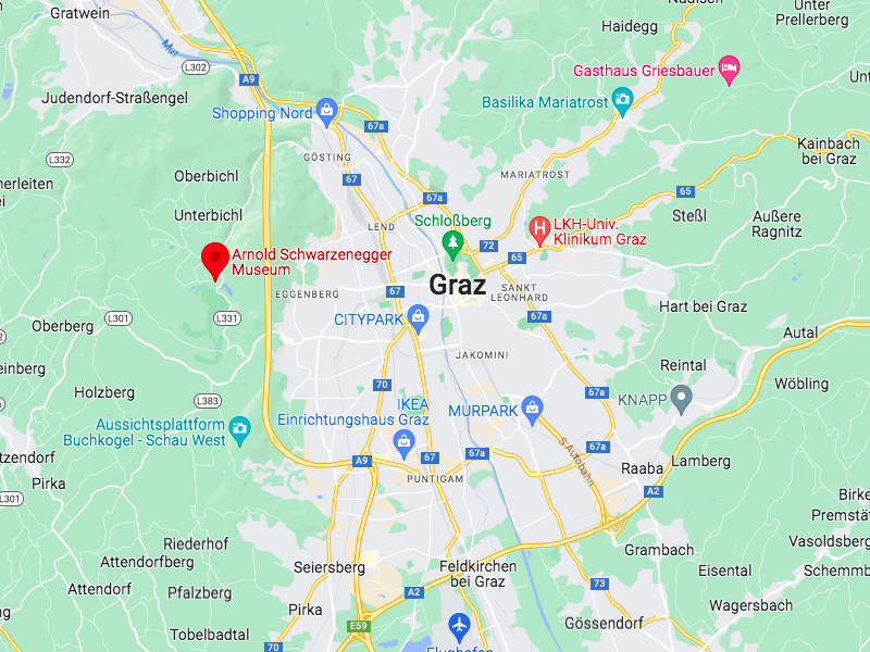 Map showing the location of the Arnold Schwarzenegger museum in Austria next to Graz.