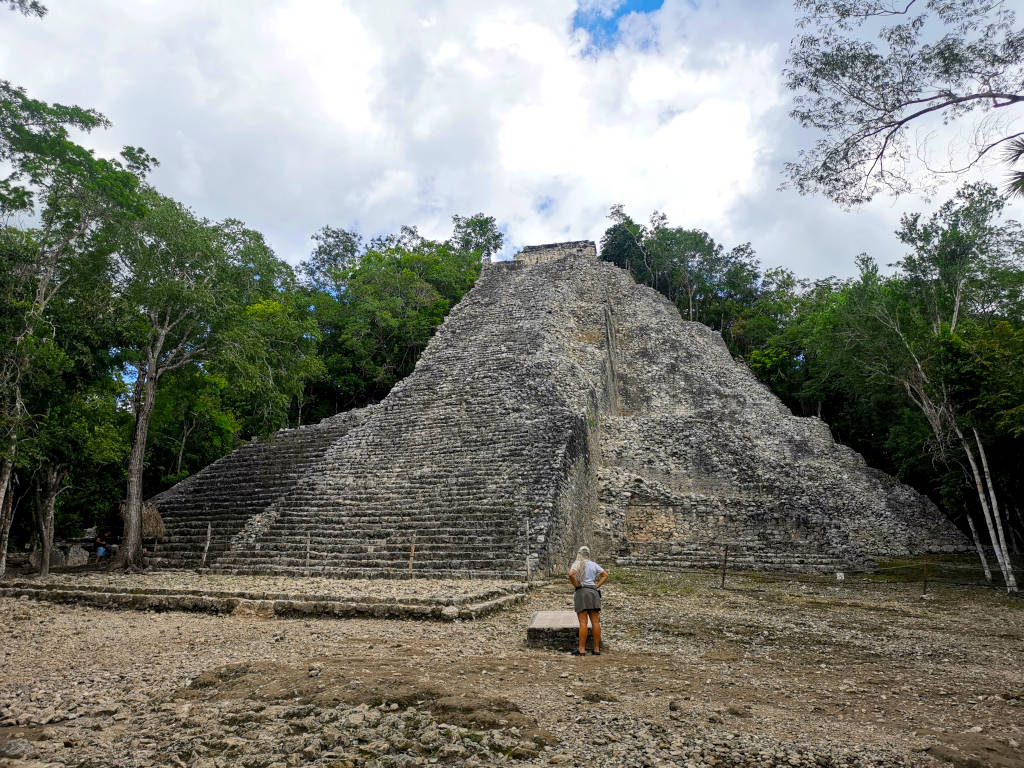 Looking at Nohoch Mul Pyramid, the largest pyramid at Coba Ruins