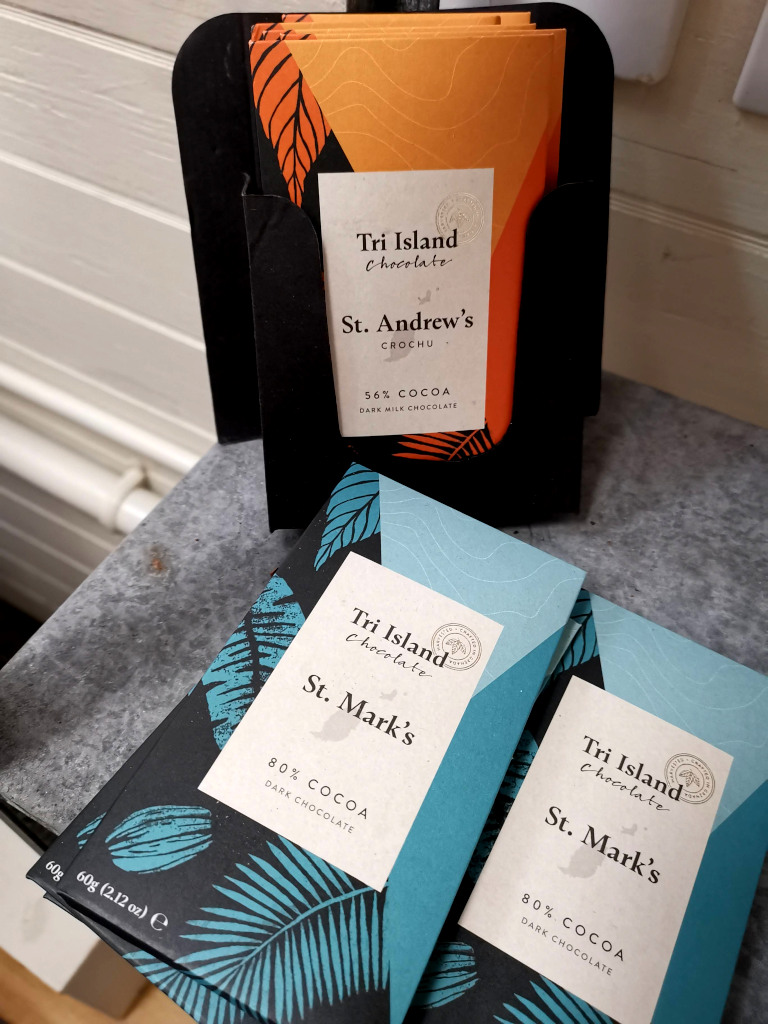 A selection of chocolate siting on a table from Tri-Island chocolate in Grenada