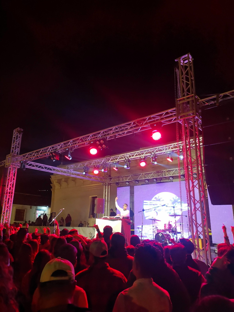 A DJ holding up his arm while playing with a crowd in front of him 