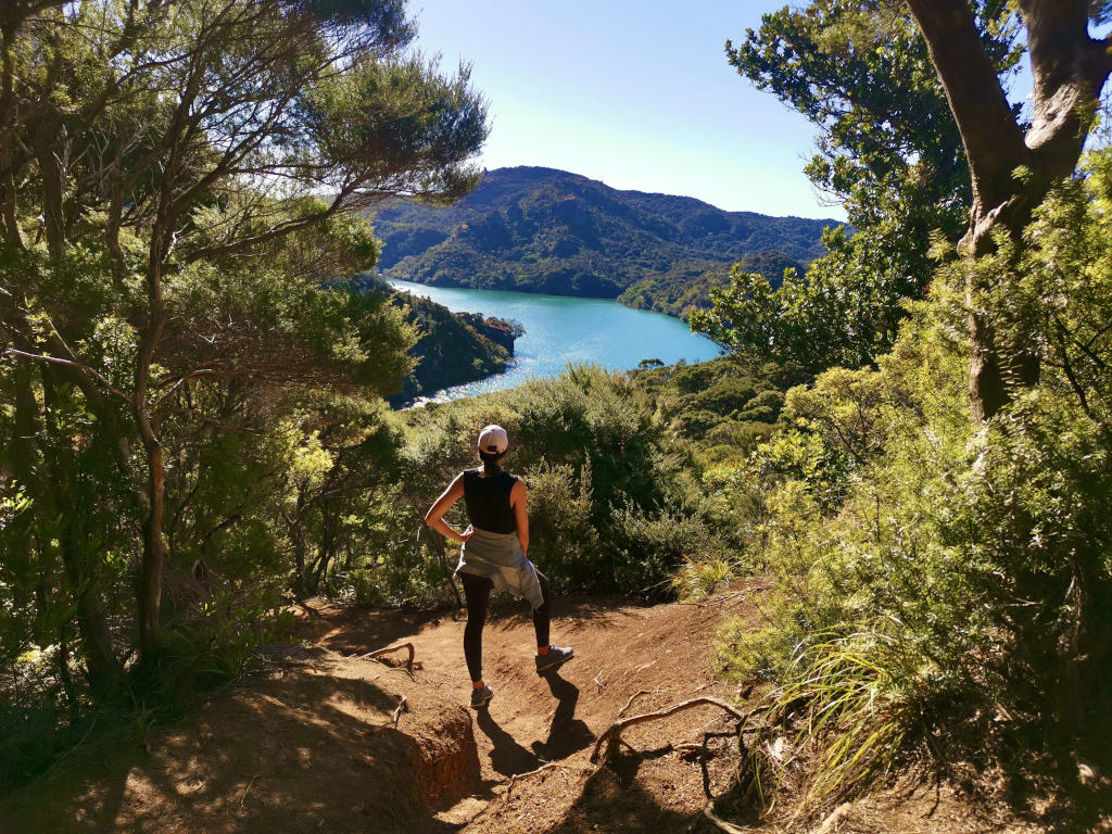 A woman standing on a dusty path admiring the view from one of the best walks in Northland New Zealand