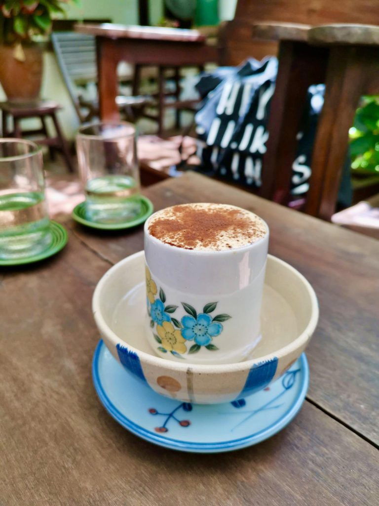 Vietnamese egg coffee served in a bowl at Ren Rua cafe in Hoi An, a must-try for digital nomads working from cafes.