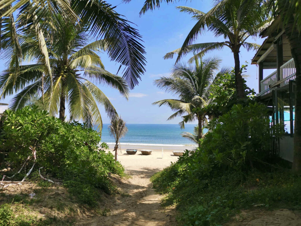 A sandy path lined with lush greenery and tall palm trees leads to An Bàng Beach in Hội An, Vietnam, where round basket boats rest on the shore and gentle waves meet a clear blue sky.