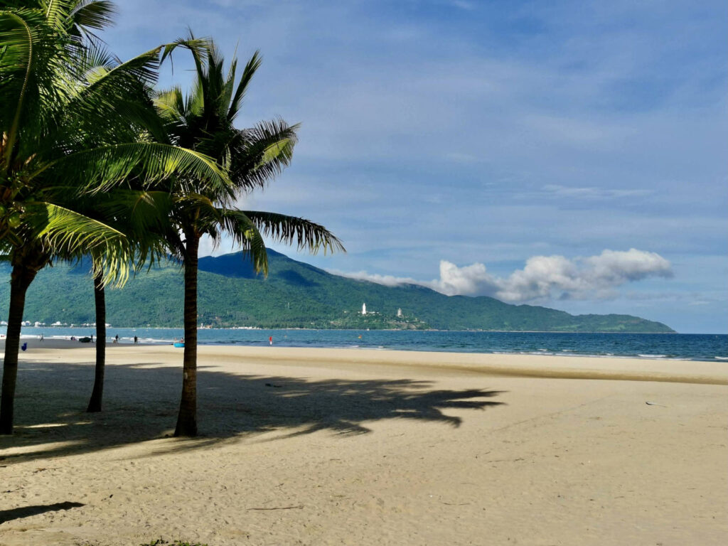 Palm trees cast long shadows over the wide, sandy beach in Đà Nẵng, Vietnam, with calm blue waters and the lush green Sơn Trà Peninsula in the background under a partly cloudy sky.
