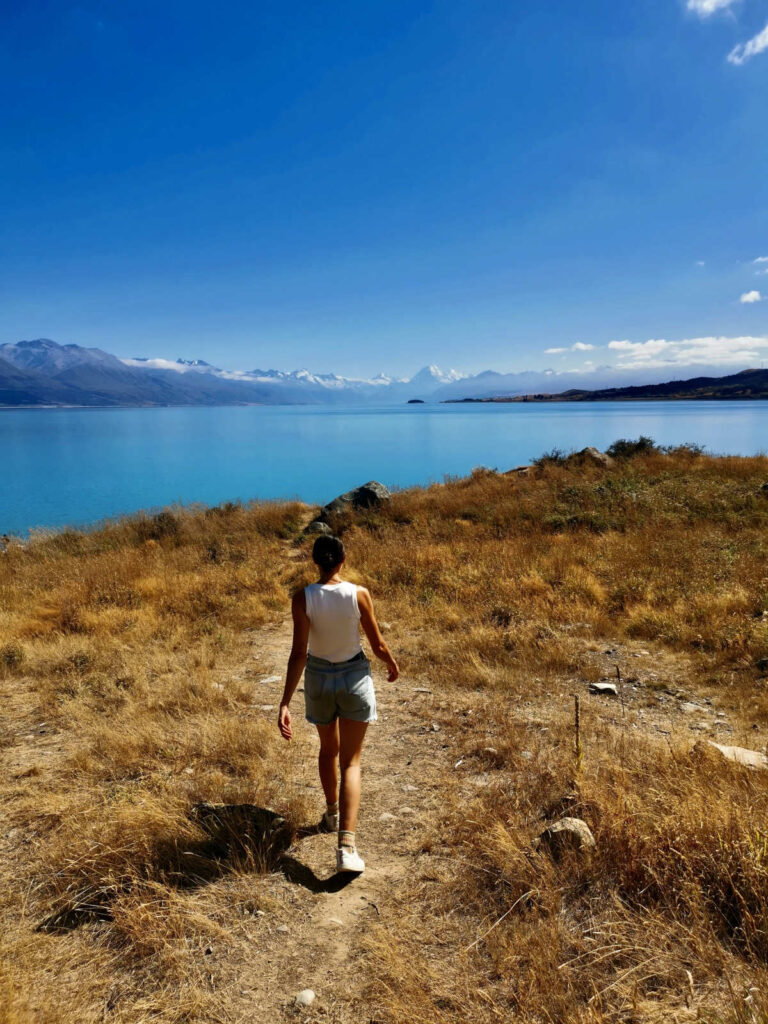A person walks along a golden grassy trail overlooking the bright turquoise waters of Lake Pukaki in New Zealand, with snow-capped mountains in the distance.