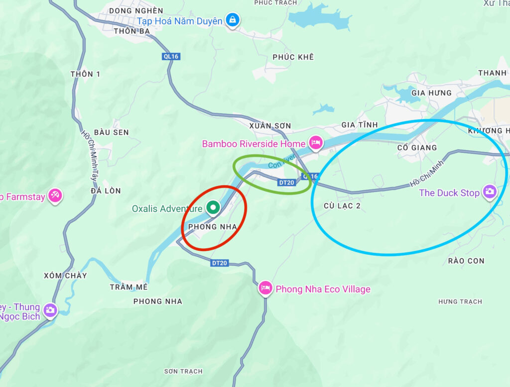 A map of Phong Nha, Vietnam, with color-coded circles highlighting different accommodation zones: the main town center (red), the riverside area (green), and the rural Bong Lai Valley including The Duck Stop (blue).