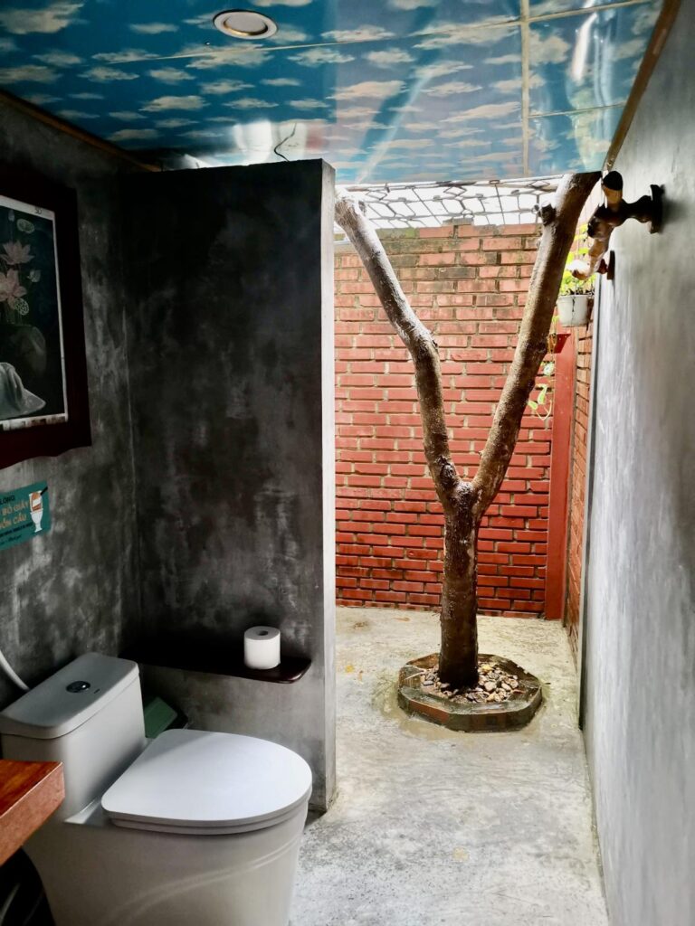 A spacious and clean guest room at Vu's Homestay in Phong Nha town, featuring a large bed and a unique ensuite bathroom with a tree in the shower.