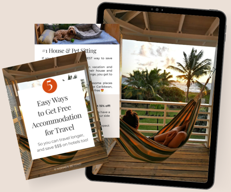 Tablet mockup showing a tropical balcony view with palm trees and ocean at sunset where Katharina relaxes in a hammock during a housesit next to a guide titled "5 Easy Ways to Get Free Accommodation for Travel. So you can travel longer and save $$$ on hotels too." with additional guide pages layered behind.