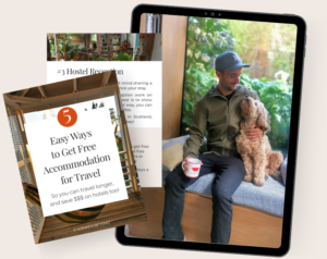 Tablet mockup showing Allan sitting on a window bench during a housesit with a small fluffy dog beside him next to a graphic that reads "5 Easy Ways to Get Free Accommodation for Travel. So you can travel longer and save $$$ on hotels too." promoting a free travel guide.