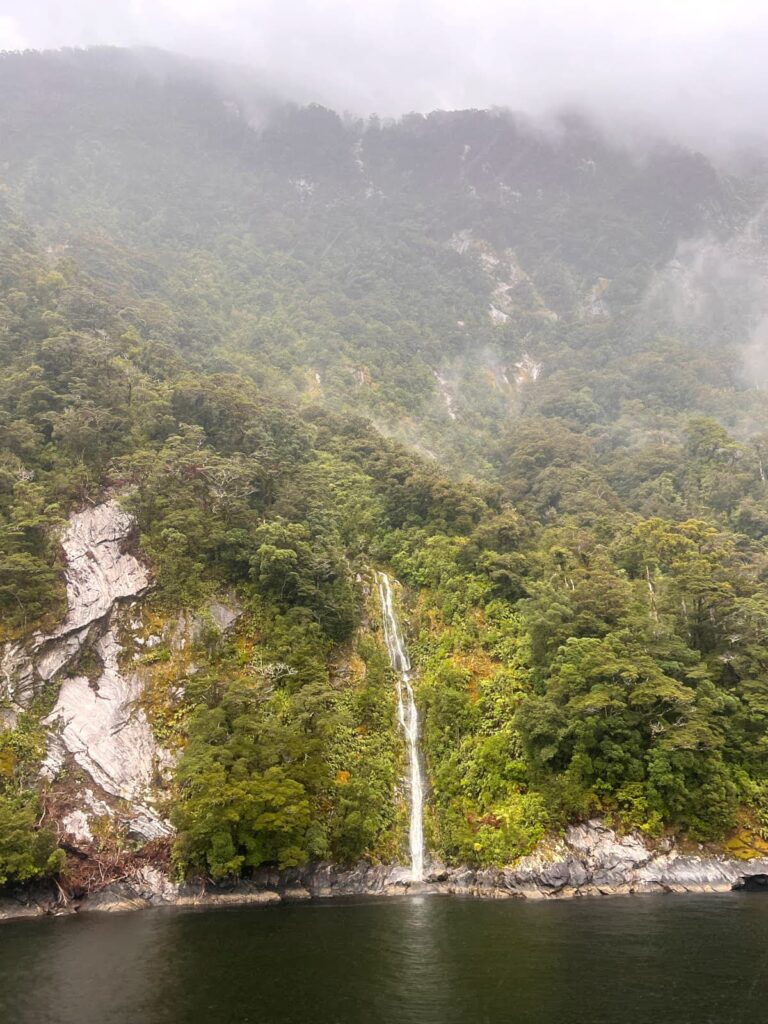 A tall, slender waterfall cascading down a steep, lush green mountain directly into the dark water of Milford Sound under a thick layer of mist.