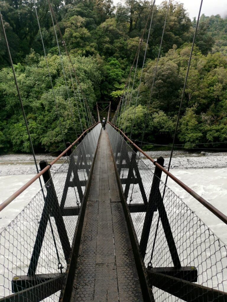 Allan walking over a long, narrow wooden swing bridge which is crossing over a wide, fast-flowing grey glacial river toward a dense green forest on the Roberts Point Track.