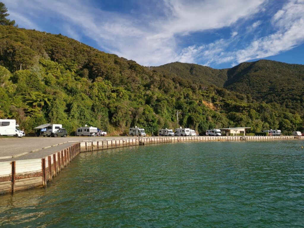 Several motorhomes and campervans are parked in a row along a curved waterfront at the Momorangi Bay campsite in the Marlborough Sounds, with lush green forested hills rising steeply behind them under a blue sky with wispy clouds.