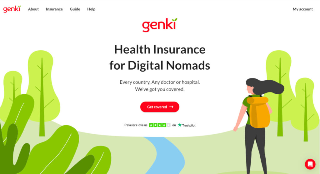 Screenshot of the Genki insurance homepage featuring the headline 'Health Insurance for Digital Nomads' and an illustration of a backpacker.